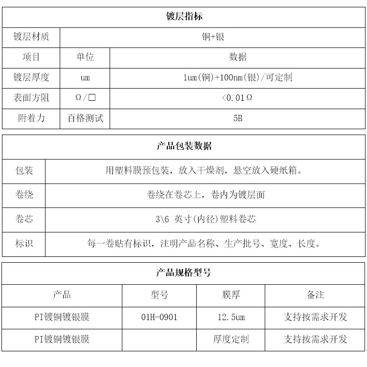 PI镀铜镀银膜参数