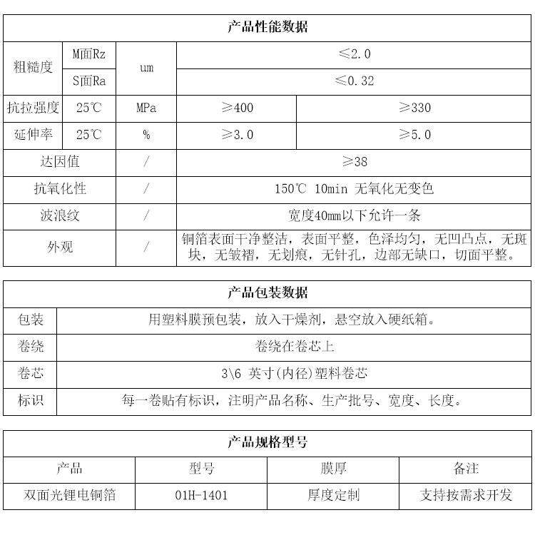 双面光锂电铜箔参数